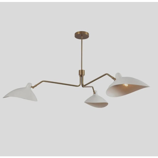 Sculptural Three-Light Brass Chandelier With White Domed Shades For Sale - Image 4 of 10