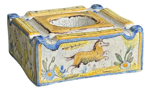 Antique Spanish Talavera Inkwell in Hand-Painted Faience with Animals and Floral Motifs