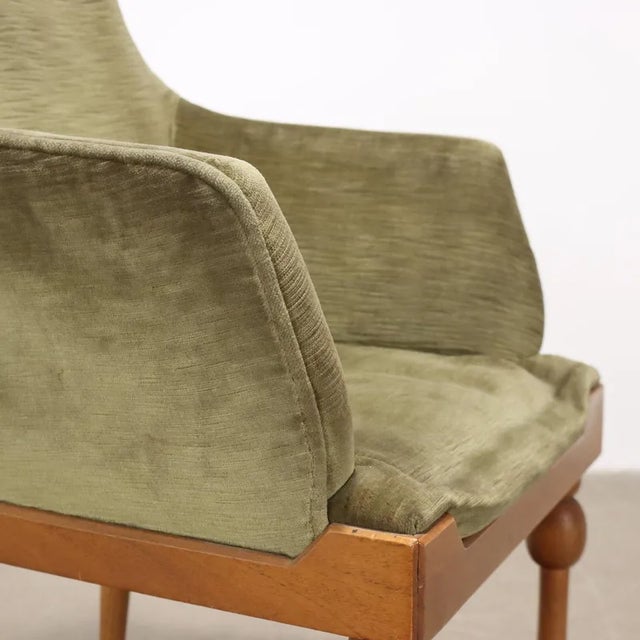 Velvet & Wood Armchair, 1960s For Sale - Image 6 of 11