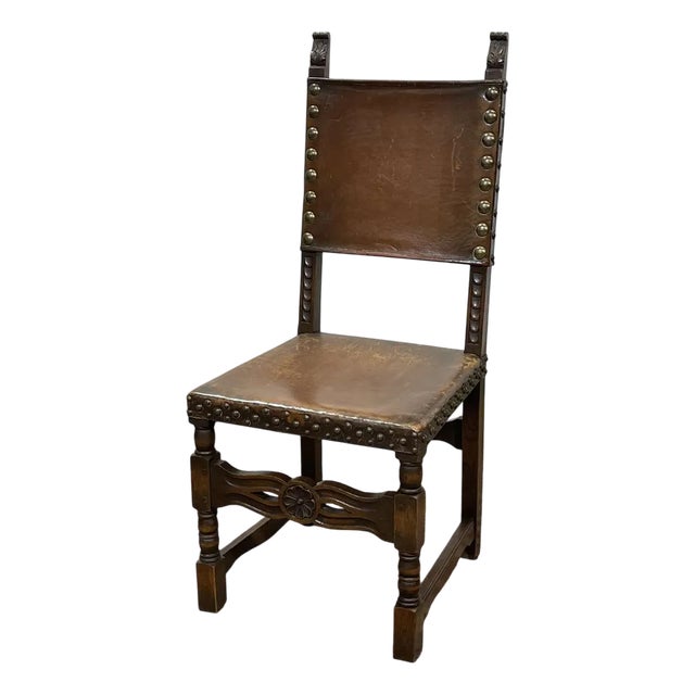 High-Backed Chair in Oak and Leather, Early 20th Century For Sale