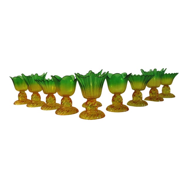 Vintage Marigold & Green Flash Glass Flower Dessert Glasses, S/10 For Sale