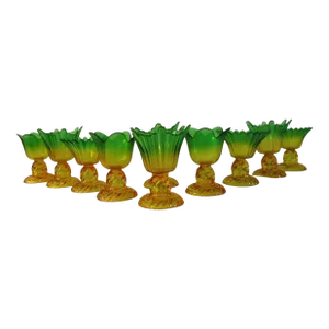Vintage Marigold & Green Flash Glass Flower Dessert Glasses, S/10