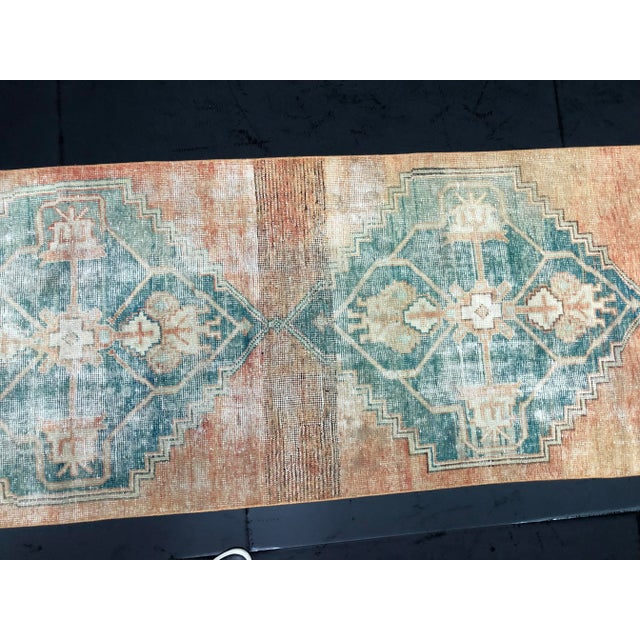 Teal Turkish Oushak Peach and Teal Pastel Handmade Runner Rug - 2′9″ × 11′7″ For Sale - Image 8 of 11
