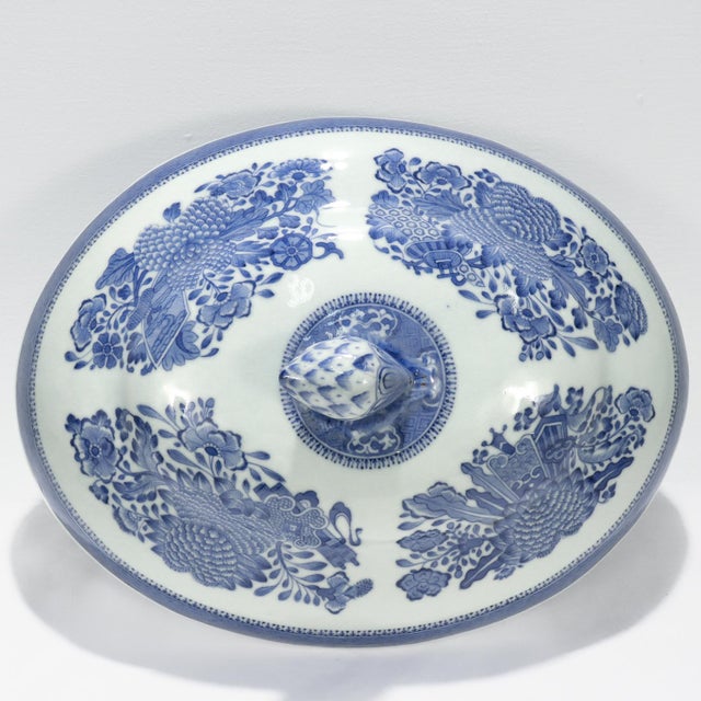 Ceramic Antique Blue Fitzhugh Pattern Chinese Export Porcelain Tray Warmer & Cover For Sale - Image 7 of 18
