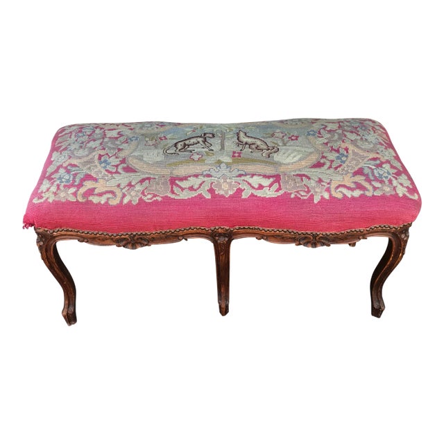 Early 20th Century Fox and Hound Needlepoint Louis XV-Style Bench For Sale