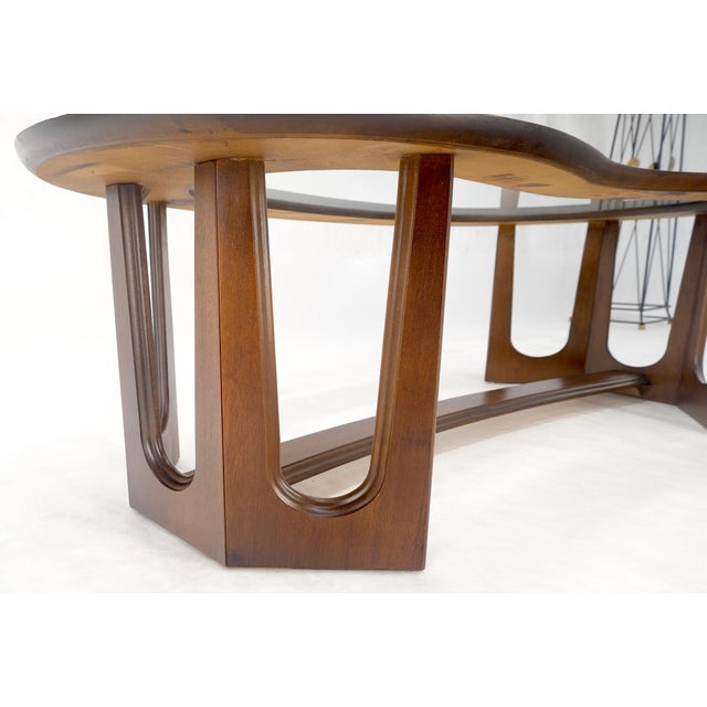 Oiled Walnut Boomerang Kidney Shape Glass Top Stretcher Base Coffee Table Mint! For Sale - Image 10 of 15