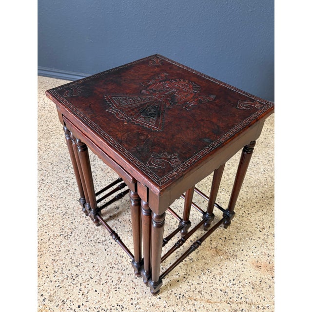 Traditional Antique Hand-Crafted Mahogany Nesting Tables With Leather Tops, 1910 For Sale - Image 3 of 17