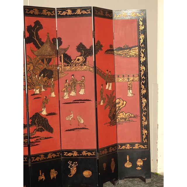 1900 - 1909 84"Tall Vintage Six Panel Oriental Asian Red Folding Screen Room Divider Palace For Sale - Image 5 of 18