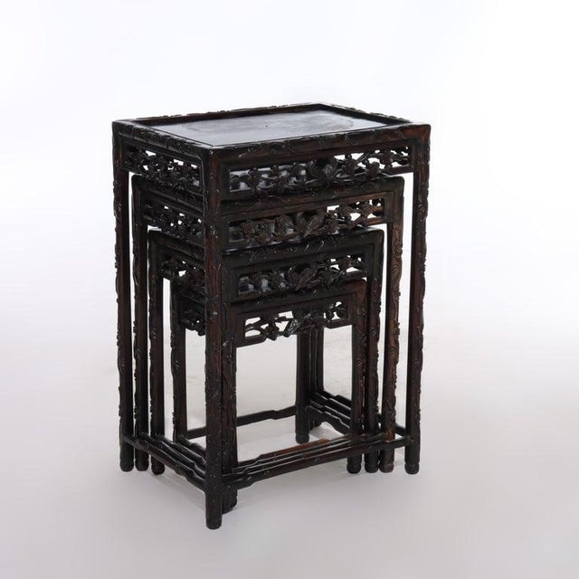 Set of 4 Antique Chinese Floral & Figural Carved Hardwood Nesting Tables For Sale - Image 12 of 13