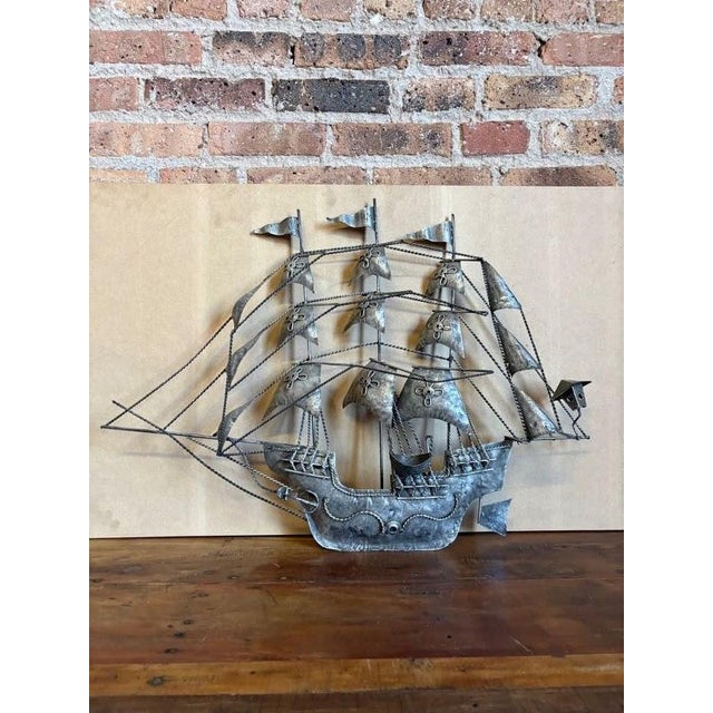Vintage 1970s brutalist welded metal sailing ship wall art. 3D multi-dimensional design with torch-cut sails, twisted wire...