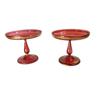 19th Century Pair of Bohemian Red Cranberry Glass Centerpiece Compotes or Tazza For Sale