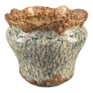 Antique Majolica Jardinière Glazed Pottery Scalloped Rim Spongeware Planter For Sale