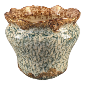 Antique Majolica Jardinière Glazed Pottery Scalloped Rim Spongeware Planter