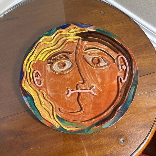 Orange Vintage Studio Pottery Abstract Face Ceramic Plate Picasso Style Wall Art Platter For Sale - Image 8 of 9