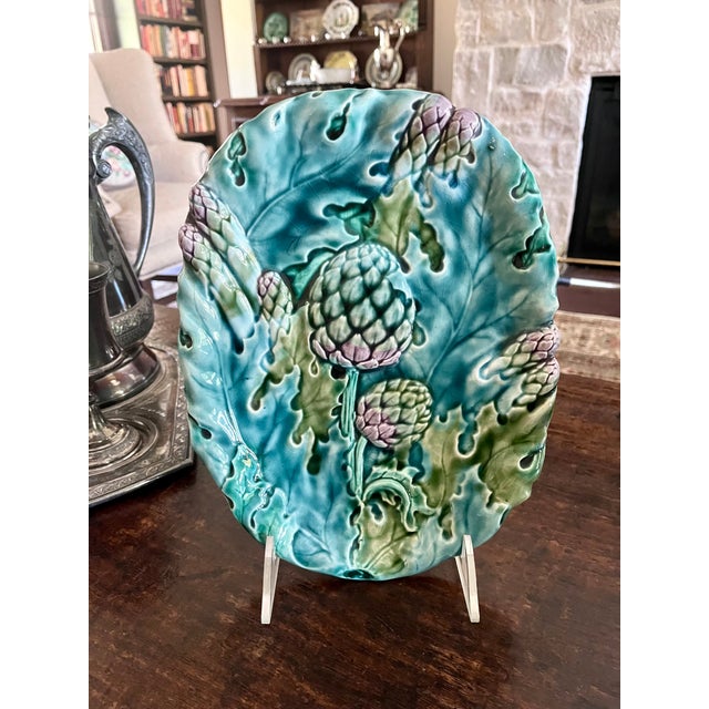 Ceramic Antique French Lunéville Majolica Asparagus & Artichoke Platter by Keller & Guérin For Sale - Image 7 of 15