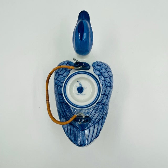 Blue Vintage Blue and White Chinoiserie Ceramic Duck Teapot With Rattan Wrapped Handle For Sale - Image 8 of 10