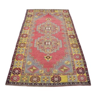1950s Faded Rose and Dark Slate Border, Low Pile Distressed Turkish Rug For Sale