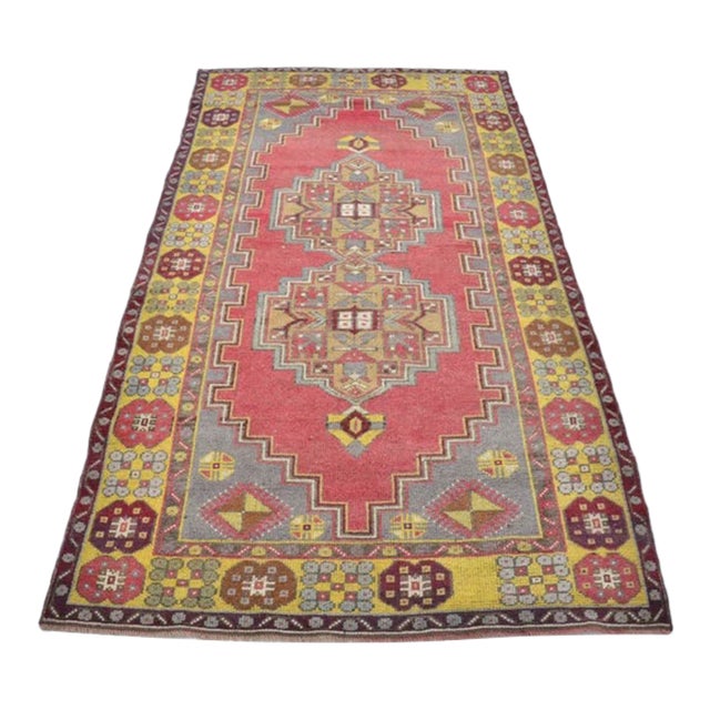 1950s Faded Rose and Dark Slate Border, Low Pile Distressed Turkish Rug For Sale