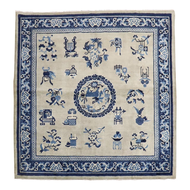 Early 20th Century Zabihi Collection Rare Slate Blue Chinese Square Rug - 6' x 6'1" For Sale