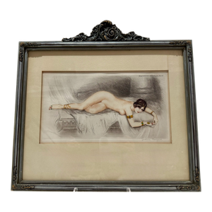 Vintage 1930 French Signed Lithograph Gustave Brisgand Nude Reclining Woman Framed