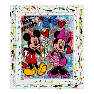 Jozza, My Gift to You, Unique Mixed Media on Canvas With Painted Frame, Mickey Minnie For Sale