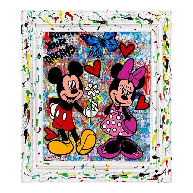 Jozza, My Gift to You, Unique Mixed Media on Canvas With Painted Frame, Mickey Minnie For Sale