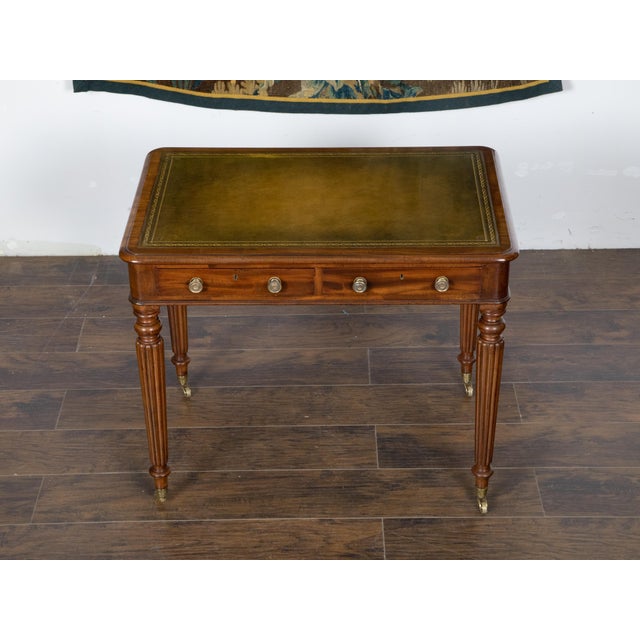 19th Century English 19th Century Mahogany Desk with Green Leather Top and Reeded Legs For Sale - Image 5 of 12