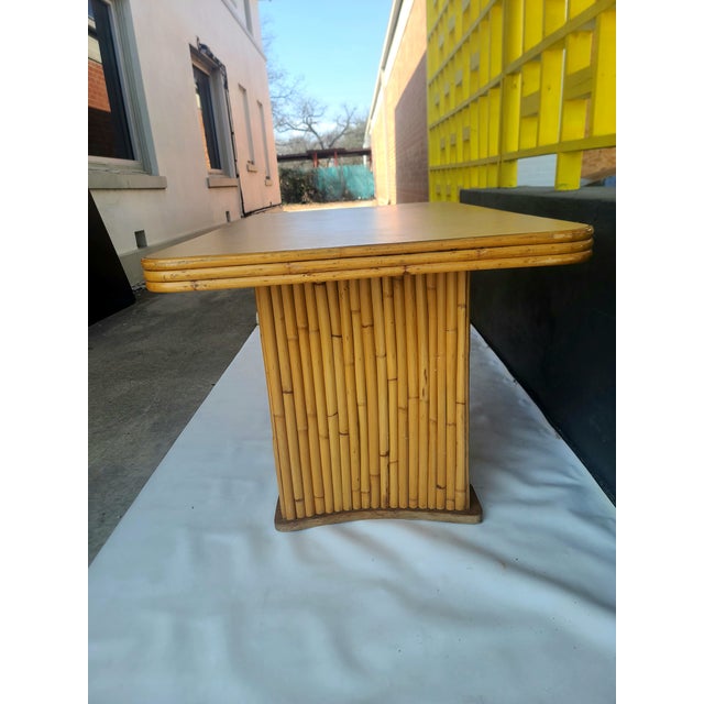 Vintage Rattan Patio Table With Curved Pedestal Bases, Attributed For Sale - Image 10 of 11