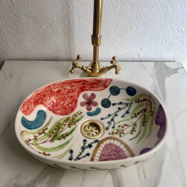 Flower Oval Ceramic Hand-Painted Floral Vessel Basin Sink For Sale - Image 6 of 9