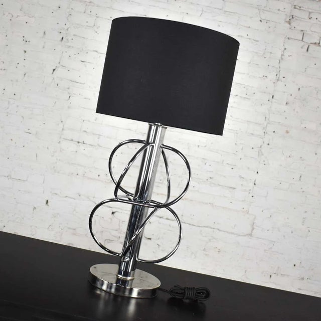 Vintage Mid-Century Modern Polished Chrome Table Lamp New Black Drum Shade For Sale - Image 12 of 13