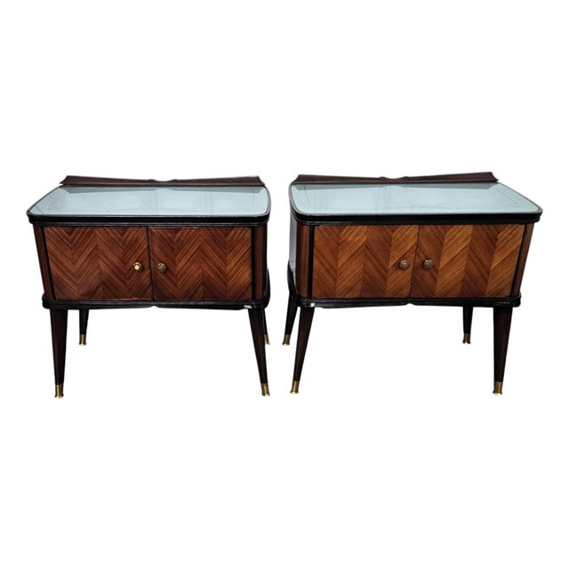 Mid-Century Art Deco Italian Nightstands with Walnut Glass Top, 1950s, Set of 2 For Sale