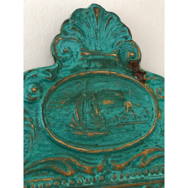 Wood Antique Embossed Pressed-Metal (Tole) Mirror With a Green Patina Finish and Gilt Highlights Rococo For Sale - Image 7 of 10