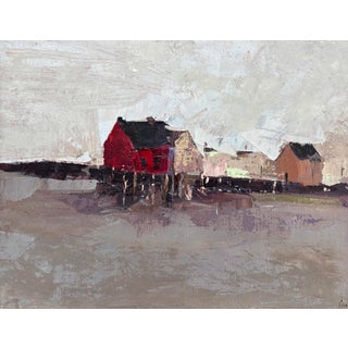 On The Pier by Sandra Pratt | Oil Painting of buildings on a pier by the water For Sale