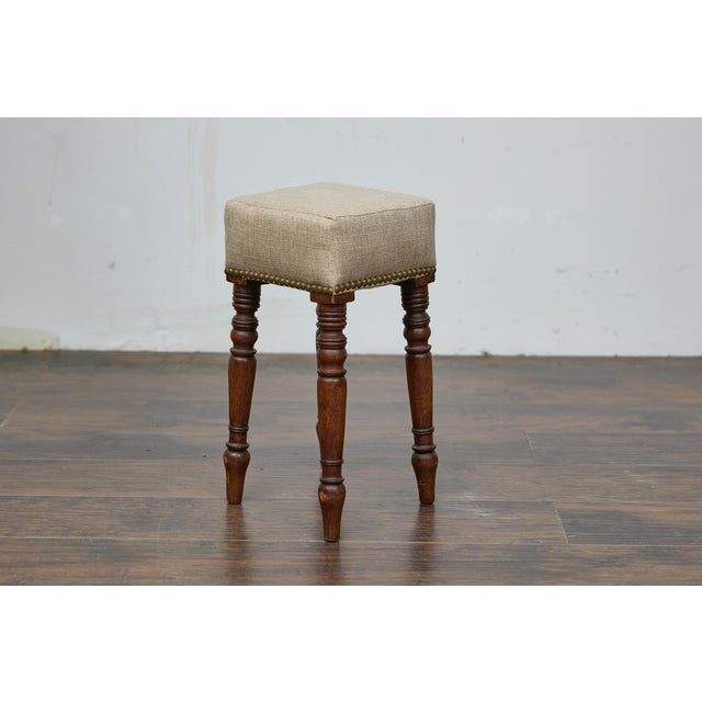 English 19th Century English Petite Oak Stool with Unique Top and Linen Upholstery For Sale - Image 3 of 9