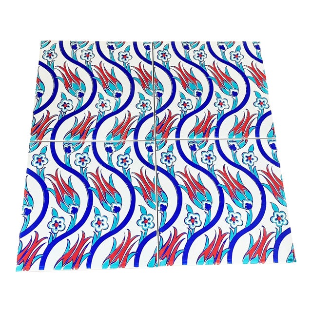 Turkish Iznik Red Tulip & Blue Floral Pattern Ceramic Tiles For Sale