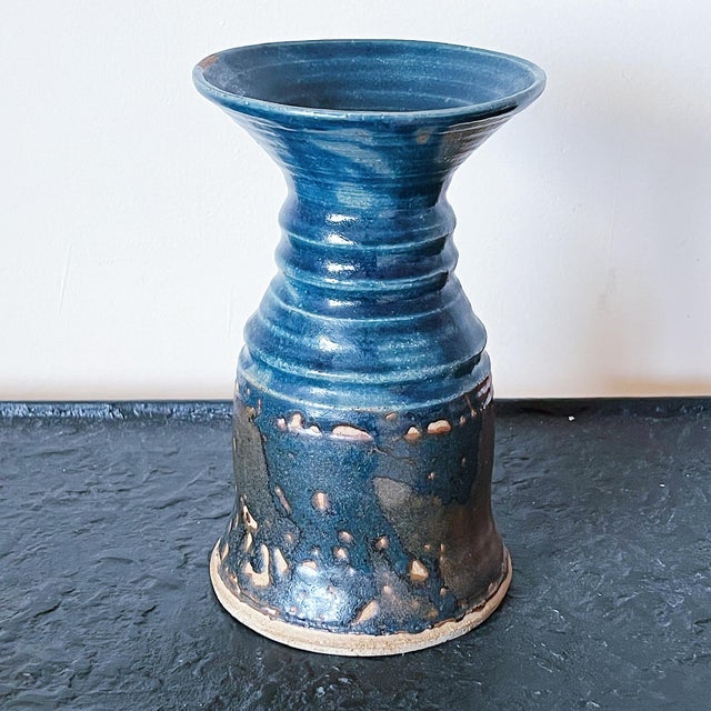 Vintage Hand Thrown Pottery Vase in Blue and Brown Glaze, Signed For Sale In Los Angeles - Image 6 of 6