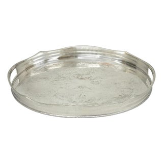 Vintage English Edwardian Silver Plated Oval Scalloped Gallery Bar Platter Tray For Sale