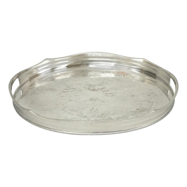 Vintage English Edwardian Silver Plated Oval Scalloped Gallery Bar Platter Tray For Sale