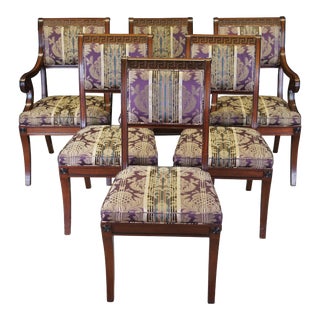 Mid 20th Century Baker Regency Klismos Style Carved Mahogany & Ebonized Greek Key Dining Chairs- Set of 6 For Sale