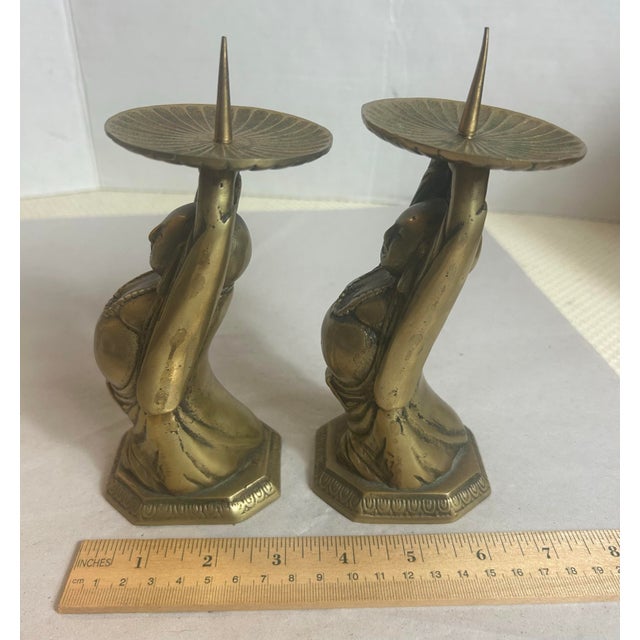 Vintage Brass Buddha Altar Candle Holders - A Pair For Sale - Image 10 of 12