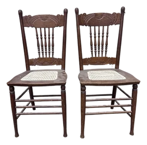 Antique Art Nouveau Oak Chairs With Caned Seats