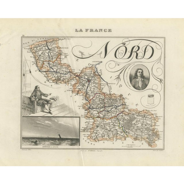 Antique Map of Nord by Vuillemin, France, 1850 For Sale - Image 3 of 9