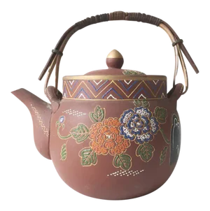 Asian Floral Enameled Clay Teapot