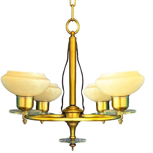 Art Deco Scandinavian Art Deco Brass Four-Light Chandelier W/ Opaline Glass Shades For Sale - Image 3 of 7