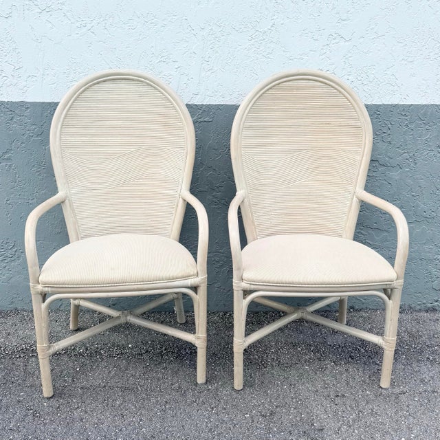 Boho Chic Wavy Pencil Reed and Rattan Dining Arm Chairs - Set of 4 For Sale - Image 9 of 10