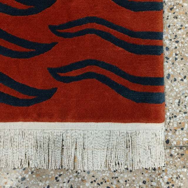 Hand-Knotted Wool Rug in Rust Red With Navy Wave Motif For Sale - Image 10 of 12