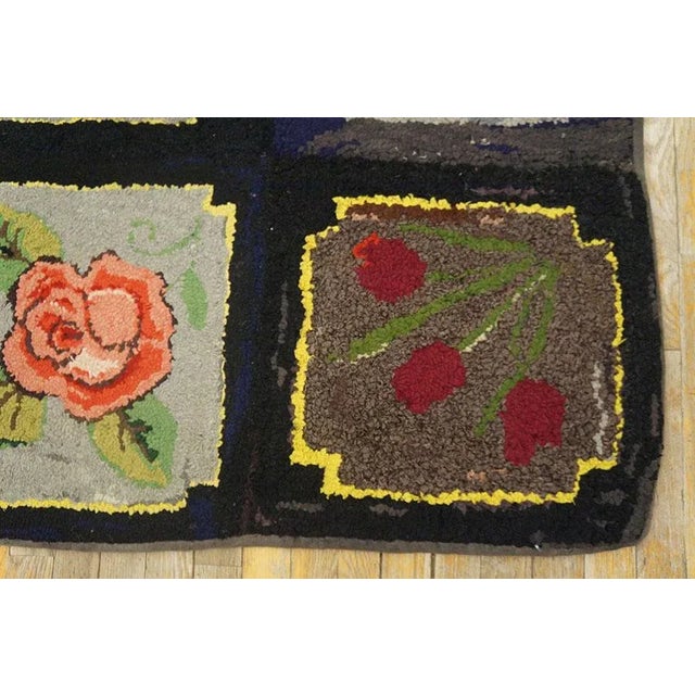 Black 1930s Black Roses Birds Folk Art Antique American Hooked Rug 7' 10'' X 7' 10'' Woven Wool Carpet For Sale - Image 8 of 9