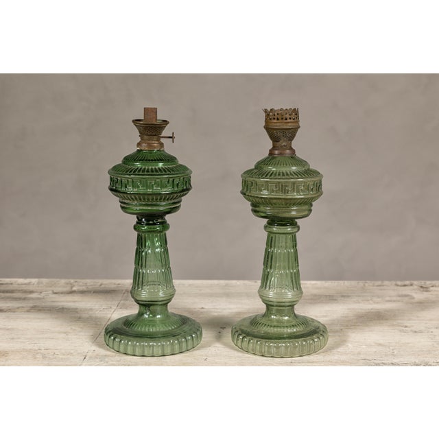 Contemporary Green Glass Gas Lights with Meander Friezes, a Vintage Near Pair For Sale - Image 3 of 12