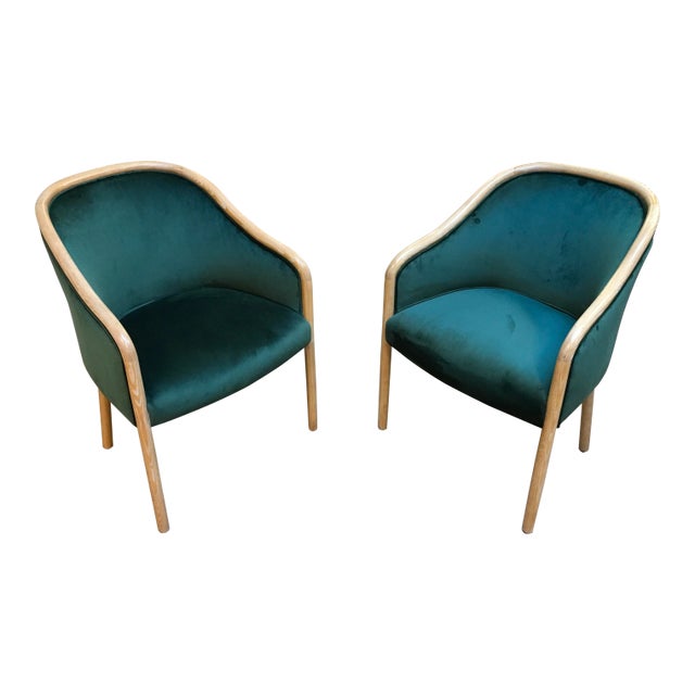 Pair of Fully Restored Ward Bennett Solid Ash Wood Frame Chairs – Cerused Ash With Moss Green Velvet Upholstery For Sale