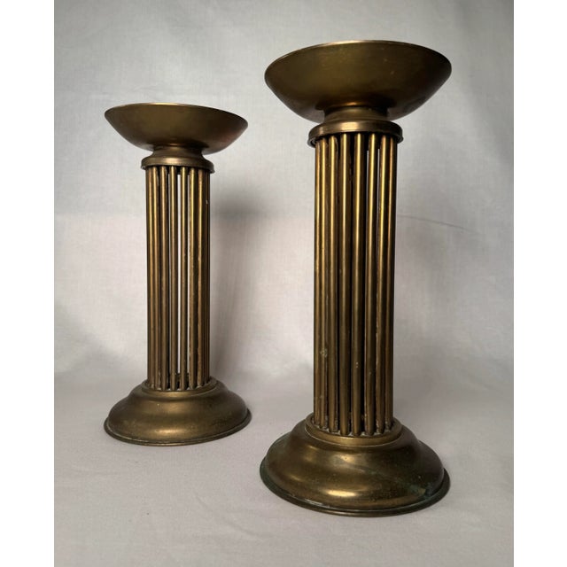 Hollywood Regency Hollywood Regency Column Brass Pillar Candle Holders, a Pair For Sale - Image 3 of 12